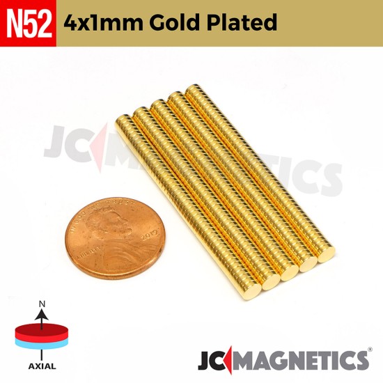 4mm X 1mm N52 Gold Plated neodymium thin magnets round discs 5
